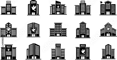NGO office building icons in black and white
