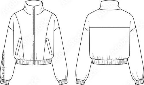 Women Bomber Jacket Technical Flat Sketch, Front and Back View Fashion Line Art Template for Casual Zip Up Outerwear Design