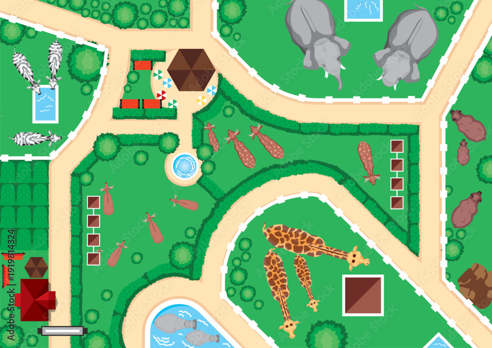 Naklejka premium Zoo Map Top View Animals Aerial Above Interior Plan Cartoon Vector