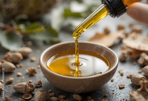 Golden oil being poured into a small bowl surrounded by nuts and herbs. baobab oil