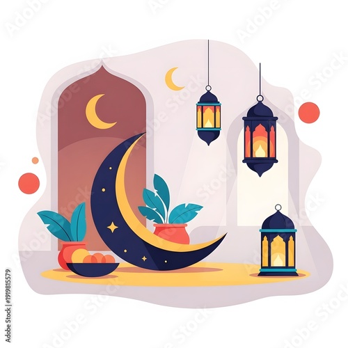 Wallpaper Mural Ramadan Kareem Illustration with Crescent Moon and Lanterns – Islamic Festive Background (AI Generated) Torontodigital.ca