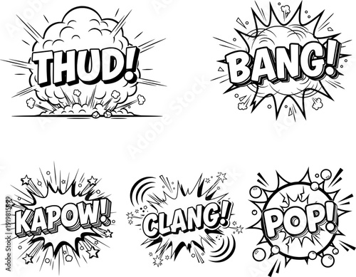 Retro comic sound effects collection, monochrome onomatopoeia vector elements.