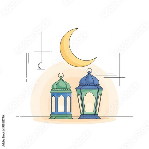 Wallpaper Mural Ramadan Kareem Illustration with Crescent Moon and Lanterns – Islamic Festive Background (AI Generated) Torontodigital.ca