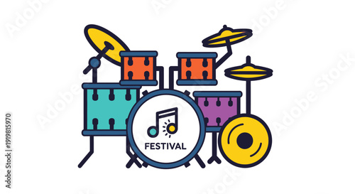 Vibrant drum set illustration at a lively music festival event from a front viewpoint
