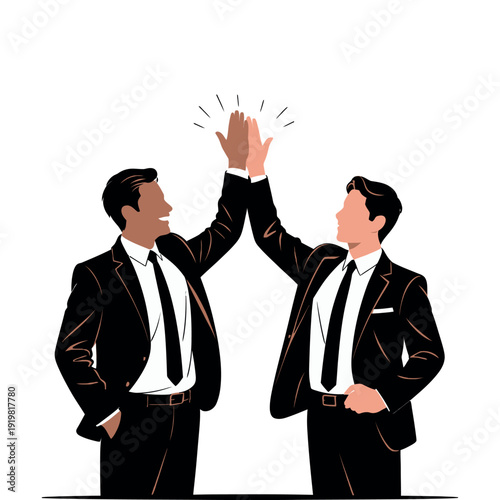 Two businessmen in suits high five above their heads demonstrating successful partnership and team.