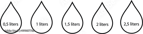 Water drop icon set with liter measurements including 0.5l, 1l, 1.5l, 2l, and 2.5l for hydration tracking isolated on white.