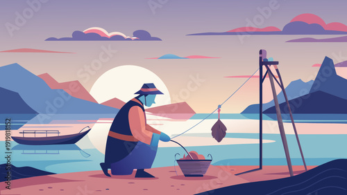 Coast Salish Net Repair Vector – Subtle Coastal Indigenous Daily Scene