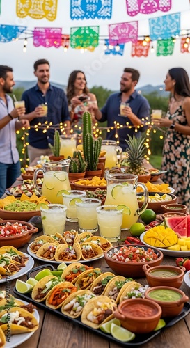 Group of friends enjoy festive outdoor gathering with abundant Mexican style food and bright decorations