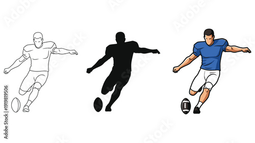 American football player kicking a ball, set of three styles outline, silhouette and color illustration