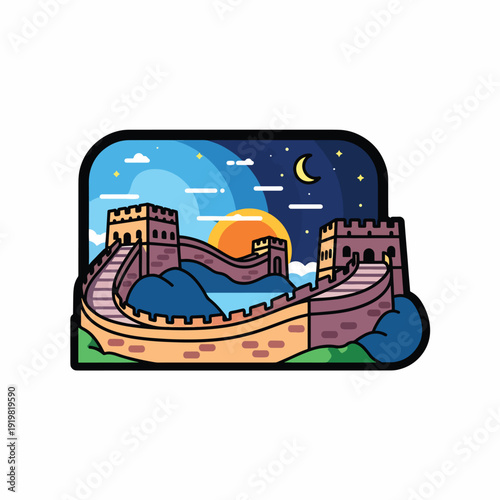 A cartoon Great Wall at sunrise