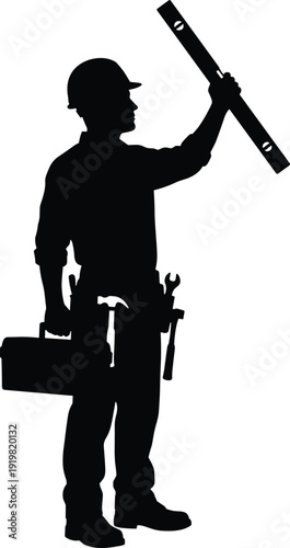 Professional construction worker silhouette, wearing safety helmet and tool belt, carrying toolbox and spirit level, industrial handyman, building contractor services.