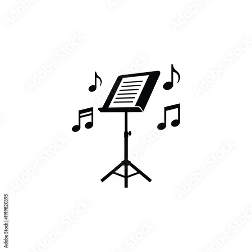 Music stand with floating musical notes illustration on a simple background viewed from the front
