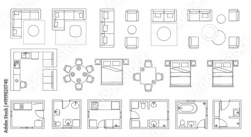 Architectural Furniture Layout Icons Top View – Modern Home Floor Plan Blueprint Line Symbols for Interior Planning
