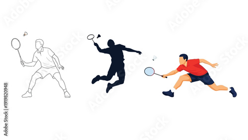 Collection of three badminton player illustrations showing different poses line art, silhouette and full color action shot