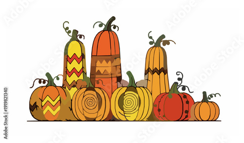 Whimsical Doodle Pumpkin Collection Vector Illustration for Fall