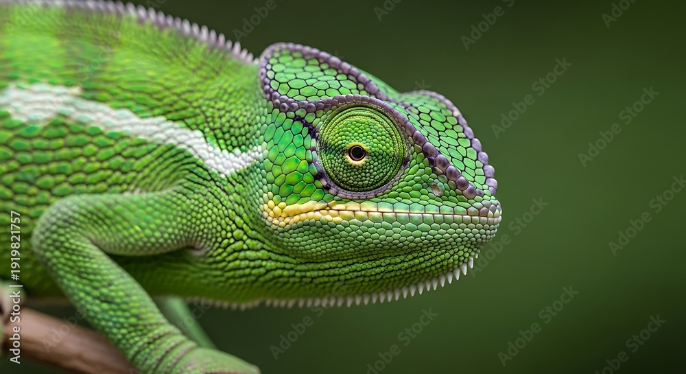 Obraz premium Close-up of a vibrant green chameleon with striking eyes, showcasing its unique skin texture and color