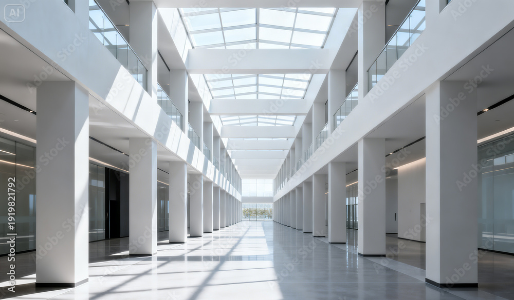 Naklejka premium Modern architectural interior with white columns and glass roof, featuring a long corridor illuminated by natural light