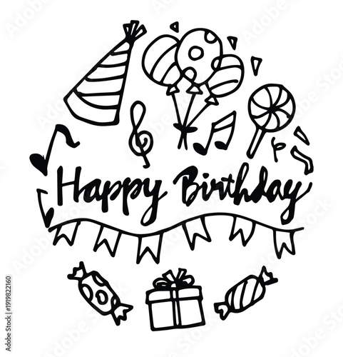 Hand drawn sketch doodle birthday cake, balloon, event decoration element. Party, carnival celebration concept circle background. Vector illustration
