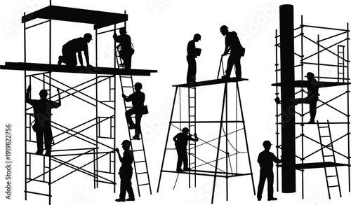 Construction worker silhouettes building scaffolding towers with ladders and platforms, industrial maintenance and renovation teamwork at height, black vector illustration isolated on white background