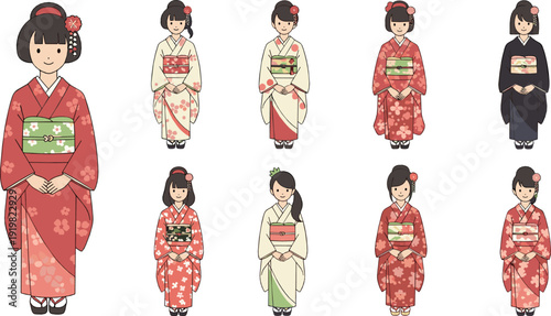 Japanese women in traditional kimono collection with elegant floral patterns representing cultural heritage, festival attire, and historical fashion illustrated in flat vector style