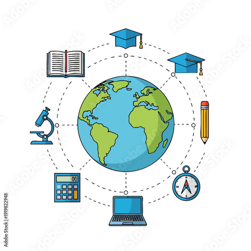 Global Science and Technology Education Concept with Laboratory Equipment and Digital Devices