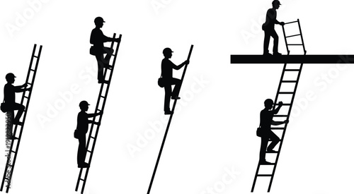 Construction worker silhouettes climbing ladders onto platform, industrial building maintenance and height safety concept, black vector illustration isolated on white background