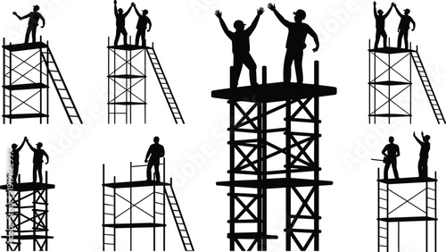 Construction worker silhouettes celebrating on scaffolding towers with ladders, industrial building completion and teamwork success concept, black vector illustration isolated on white background