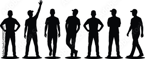 Vector silhouette of men standing in various poses, casual male group set, flat CAD drawing people characters for architectural visualization.