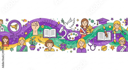 Vibrant illustration of diverse students learning with books plants microscope graduation cap and medical symbols in a whimsical setting