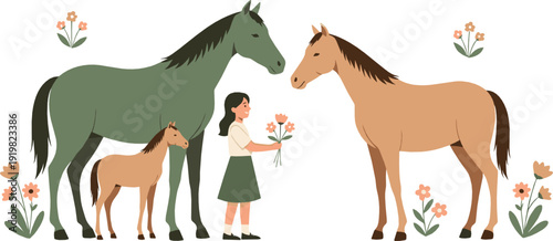 Little girl offering flowers to horses illustration representing countryside farm life, animal love, and peaceful rural nature scene in flat vector style