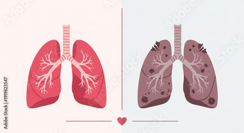 Healthy versus diseased lungs comparison with heart symbol