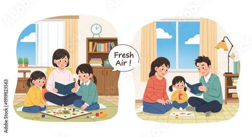 Family playing board game together on floor in living room with fresh air from open window