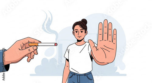 Woman refusing cigarette with hand gesture no smoking concept healthy lifestyle choice