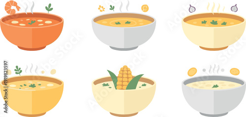 Korean traditional porridge bowls with shrimp, corn, and vegetable toppings representing warm Asian comfort food illustrated in clean modern flat vector style