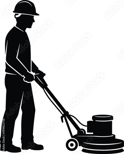 Worker using a walk-behind floor scrubber machine for cleaning, polishing, and maintaining concrete surfaces in a construction or industrial setting.