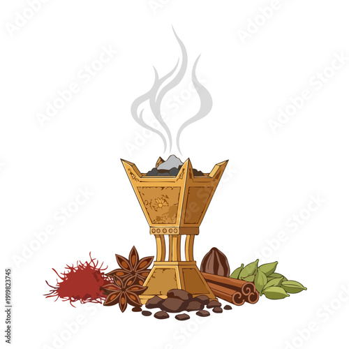 Aromatic spices and incense in a golden burner surrounded by various fragrant ingredients.