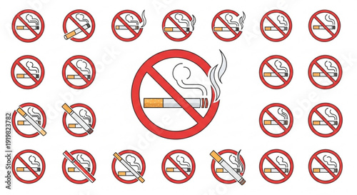 No smoking symbols multiple prohibition signs with cigarette icons on white background