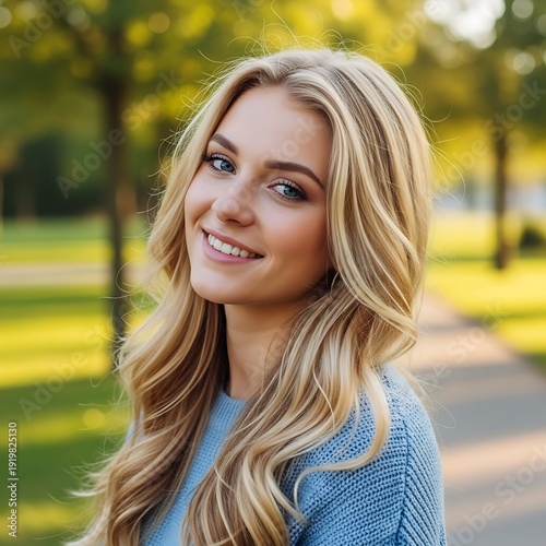 Portrait of a cheerful young woman with wavy blonde hair smiling outdoors in natural light