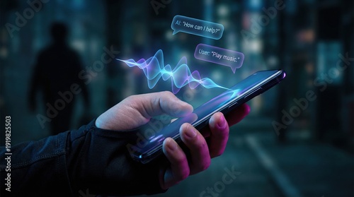 Voice Assistant Interaction Optimization with Speech Recognition Visualization on Smartphone Interface Enabling AI-Driven Automation and Seamless Digital Connectivity in Urban Night Setting