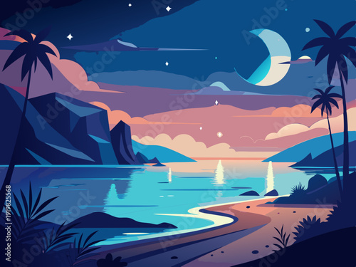 Coastal Serenity: A tranquil coastal scene at dusk, featuring a serene bay, silhouette of sailing boats, lush palm trees, and a majestic crescent moon in a starry sky. 