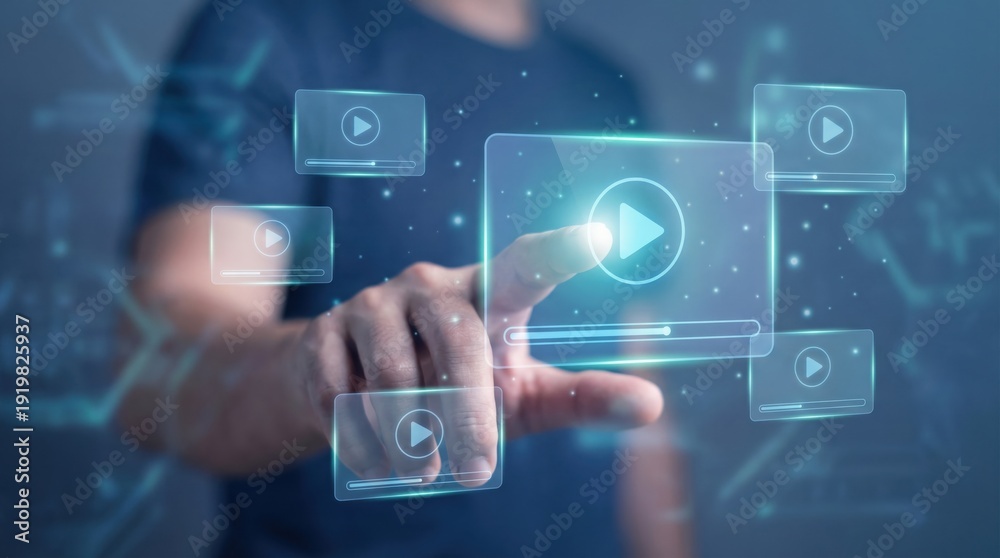 Fototapeta premium Man interacting with futuristic digital video interface while activating virtual play buttons, showcasing advanced streaming technology solutions for enhanced media consumption analytics.