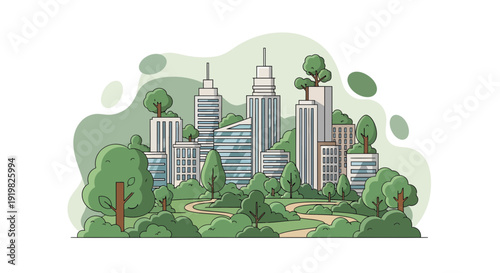 Cityscape illustration of modern skyscrapers surrounded by lush greenery and trees