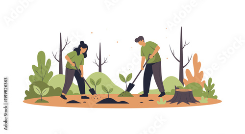 People planting trees and gardening outdoor in forest with shovel and seedlings