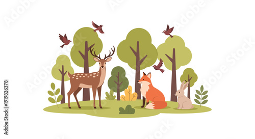 Animals play together in forest with trees and birds flying around them freely outdoors