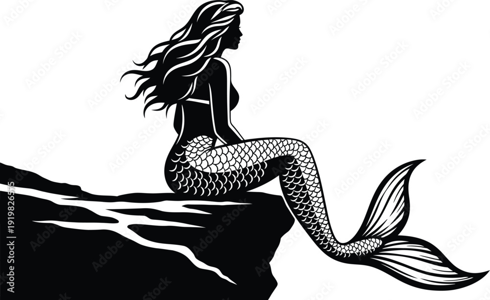 Naklejka premium A mystical mermaid sitting on a rocky cliffside overlooking the ocean