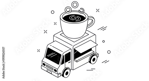 Isometric Coffee Food Truck with Giant Coffee Cup on Top.
