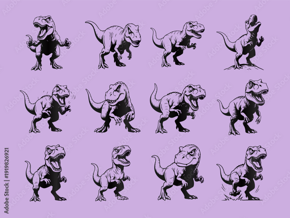 Naklejka premium Cartoon T-Rex Dinosaur Vector Set with Diverse Poses and Expressions