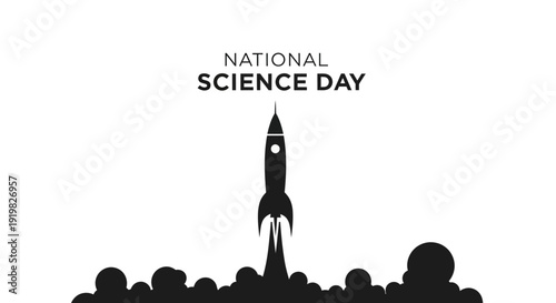Vector illustration of a rocket launching on National Science Day in the USA, with icons and a simple design on a white background.