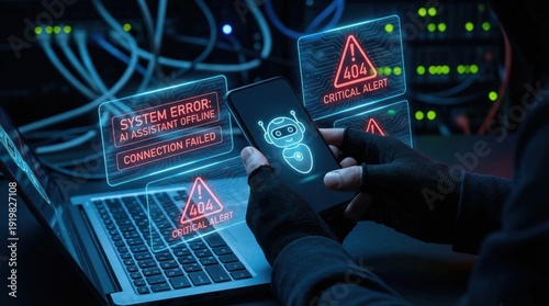 Cybersecurity incident detection with hacker at laptop triggering AI assistant system error, holographic 404 critical alert interfaces, and network server downtime analytics