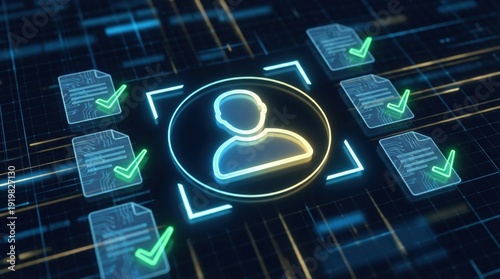 Digital identity verification process optimization with neon user icon, electronic document icons, circuit pattern overlays, and green check interface for secure authentication analytics